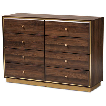 Warner Modern Walnut Brown Finished Wood and Gold Metal 8-Drawer Dresser