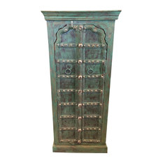 Mogul Interior - Consigned Antique Mehrab Arch Door Teak Wood Armoire Green Patina Cabinet - Armoires And Wardrobes