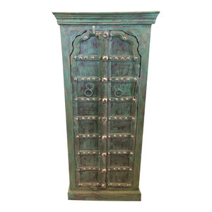 Mogul Interior - Consigned Antique Mehrab Arch Door Teak Wood Armoire Green Patina Cabinet - Armoires And Wardrobes
