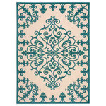Nourison - Aloha Modern Trellis Medallion Indoor Outdoor Patio Rug, Aqua, 4'x6' - A pretty and playful pattern of scrolling vines really turns on the charm when presented in alluring aqua blue and ivory. This high-low textured indoor/outdoor rug will bring fresh and fabulous flair to your patio, porch, or deck. Machine made of polypropylene for easy cleaning: simply hose-rinse and air dry.