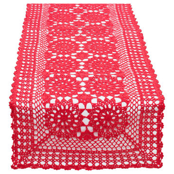 Handmade Crochet Lace Cotton Rectangular Table Runner, Red, 16"x 36"