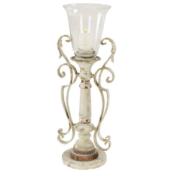 Tall Distressed White Metal and Wood Decorative Candle Holder