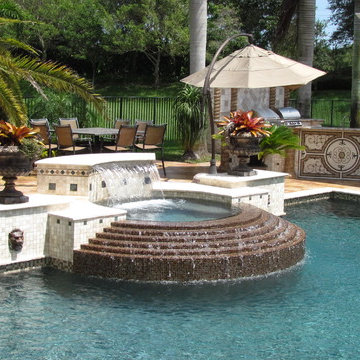 Traditional Swimming Pool w/ Elevated Spa, Tiered Spillway, Beach Area - Exarhos