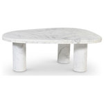 Meridian Furniture - Messina Marble Coffee Table, White - Getting this Messina white and light grey marble coffee table home is the easy part; taking your eyes off it is decidedly more difficult. Handcrafted using genuine white marble with light grey veining, this coffee table has a look that's unique just to it, as no two tables are the same. The geometrically inspired talk with its unexpected shape instantly captures the attention of everyone who enters the room, and a triple columnar base ensures sturdy support no matter where you choose to use it.