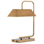 Currey & Company - Hoxton Brass Table Lamp - A perfect little desk lamp, our Hoxton Gold Table Lamp has a USB port in its base. Made of metal in a light antique brass finish, the gold lamp is an intermingling of geometric shapes that bring exhibit style. The rectangular shade completes the brass composition. We also offer the Hoxton in a nickel finish.