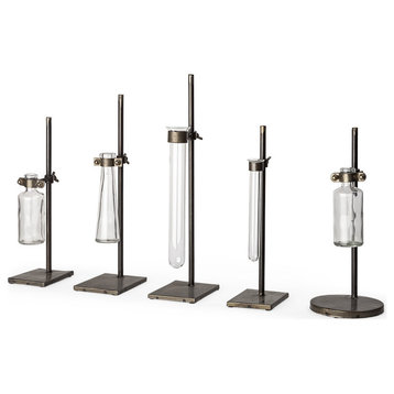 Set of Five Test Tube Vases With Metal Bases