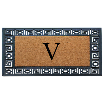 Rubber And Coir Greek Key Black Border 24"x36", Outdoor Monogrammed Doormat, V