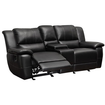 Coaster Lee Faux Leather Glider Reclining Loveseat with Console in Black