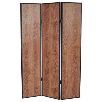 Benzara BM26601 3 Panel Foldable Wooden Screen with Grain Details, Brown