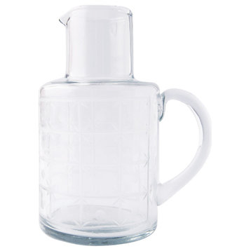 Hand-Blown Etched Reclaimed Glass Pitcher With Tall Neck and Handle, Clear