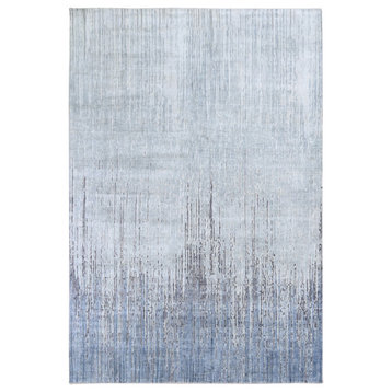 Gray Ombre Design Pure Silk Hand Knotted Oriental Rug, 6'0" x 8'10"