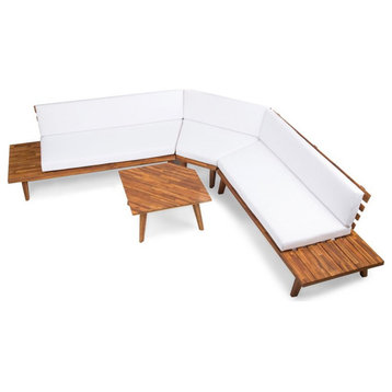 Noble House Hillcrest 4-piece V-Shaped Wood Outdoor Sectional Sofa Set in White