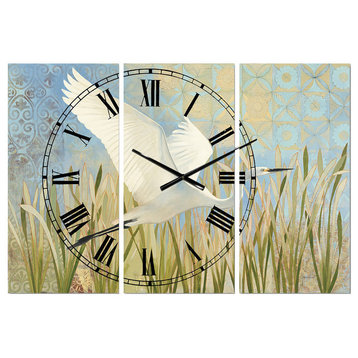 Snowy Egret in Flight Vii Farmhouse 3 Panels Metal Clock