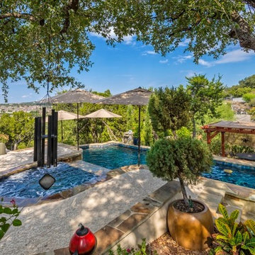 Grecian Roman Style Pool, Raised Spa with Spillway, Stone Scupper Columns, Decki
