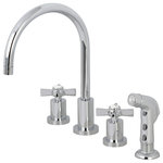 Kingston Brass - Kingston Brass Widespread Kitchen Faucet With Plastic Sprayer, Polished Chrome - This widespread kitchen faucet with its cylindrical base and gooseneck spout will work well with most contemporary decors, includes side spray, manufactured from solid brass this faucet features ceramic cartridge for long lasting performance.