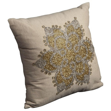 Mina Victory Luminecence Gold Snow Flake Beige Throw Pillow