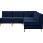 Meridian Furniture - Alina Velvet Modular L-Shaped Modular Sectional, Navy, 5-Piece: 4 Armless Chair, 1 Corner Chair - Bring modern beauty to your space with the addition of this Alina Velvet Modular sectional. This beautiful sectional features deep channel tufting to ramp up its visual interest and add to its resilient demeanor. Its soft navy velvet upholstery blends nicely with existing elements in your room and is sleek to the touch, making this seat a super comfortable one. Part of the modular Alina collection, this sectional has a latch that attaches it to other pieces to create your custom seating arrangement.