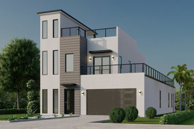 Diseño de fachada de casa blanca y negra contemporánea grande de tres plantas con revestimiento de estuco, tejado plano y tejado de varios materiales