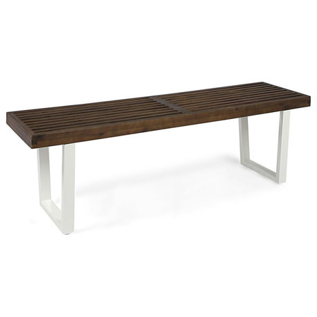 Joa Patio Contemporary Acacia Wood Dining Bench With Iron Legs, Dark Brown/White Wash