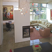 Ideas for stair landing for Gloria's couch with fireplace