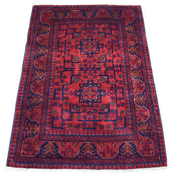 Saturated Red Organic and Soft Wool Hand Knotted Geometric Design Rug, 2'8"x4'0"