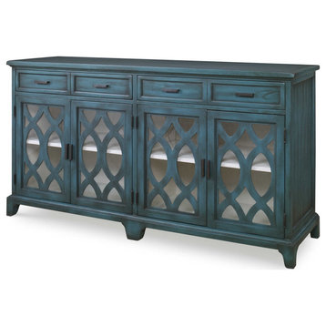 Rustic Cottage Blue Green Lattice Media Console Cabinet Vintage Style Wood
