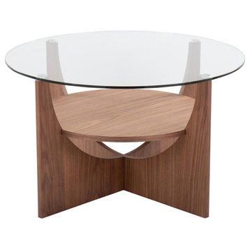 U-Shaped Coffee Table, Walnut Wood, Clear Glass