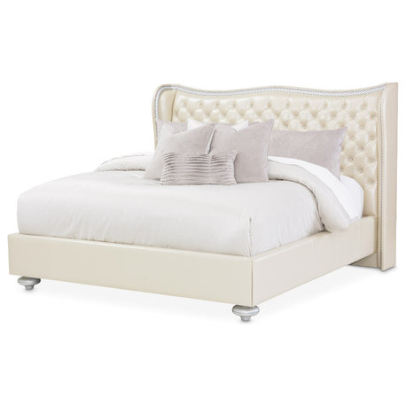 Hollywood Swank Eastern King Tufted Leather Bed - Creamy Pearl