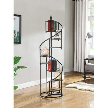 Unique Bookcase, Spiral Stair Design With Metal Frame & Rustic Brown Shelves