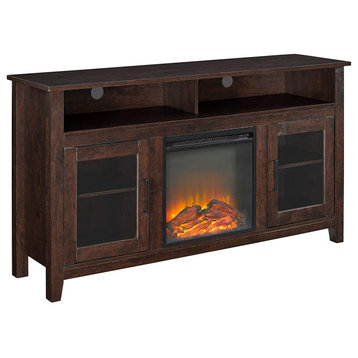 Tall Entertainment Center, 2 Side Cabinets and Center Fireplace, Brown Finish