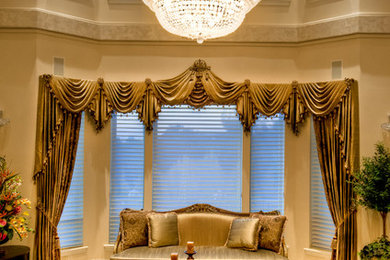 Huge elegant formal and open concept ceramic tile living room photo in San Francisco with beige walls and no tv