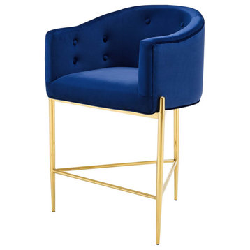 Tufted Counter Stool Chair, Velvet, Metal, Blue Navy, Modern, Bar Pub Bistro