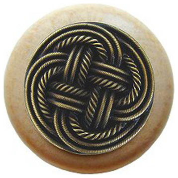 Classic Weave Natural Wood Knob, Unfinished With Antique-Style Brass