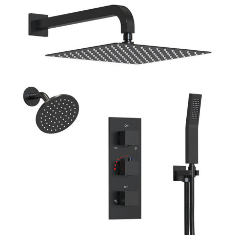 Dual Heads 12" Rain Shower System with Thermostatic Brass Valve, Matte Black