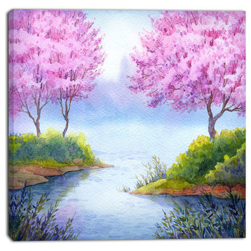"Flowering Trees Over Lake", Landscape Canvas Artwork, 30"x30"