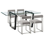 Armen Living - Kai Anastasia Glass Dining Table 5-Piece Set, Light Gray Fabric Chairs - Give a sophisticated upgrade to your dining area with the Kai Anastasia Dining Set by Armen Living. This set includes 1 Kai Rectangular Glass Dining Table with Metal base and 4 Anastasia Upholstered Dining Chairs. The crisp and clean-lined design of our dining set offers modern drama and elegance. The rectangular, glass tabletop beautifully balances on a streamlined metal base. The sharp angles and contrasting finishes lend a touch of polish and definition to our dining table. It serves as a brilliant complement to our Anastasia dining chairs. The Anastasia's cushioned backrest and padded seat showcase a neat channeling detail that provides texture for a chic and inviting look. Creating a beautiful contrast with the sleek frame and comfortable cushions, these dining chairs are set to make a stylish impact. The chair is upholstered in performance fabric or smooth faux leather to offer easy care and maintenance. Together, this dining set can bring an elevated tone to your kitchen, dining room, or living space. It serves as the perfect spot to enjoy dinners, engaging conversations, and activities. With sturdy construction and high-quality materials, our dining set will continue to bring style and comfort to your home. The Kai Anastasia 5 Piece Rectangular Glass Dining Table Set is available in matching finishes and a variety of colors, or sold separately to achieve any look you desire.