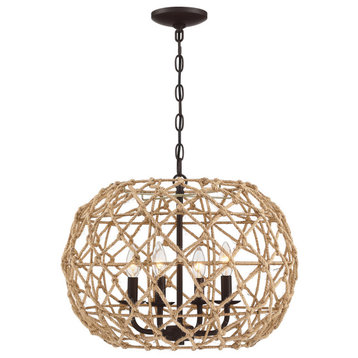 20" W 4-Light Natural Jute Rope Woven Globe Pendant Light With Brown Canopy