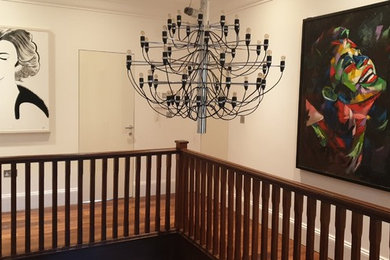 Classic wood l-shaped staircase.