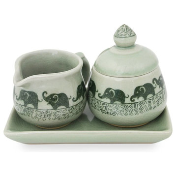 Elephants On Parade Celadon Ceramic Cream and Sugar Set