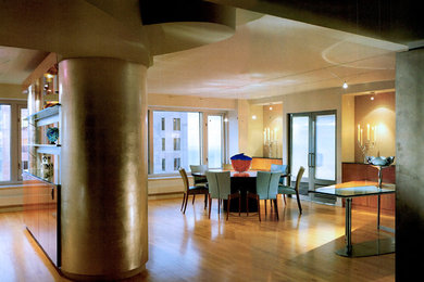 Inspiration for a huge contemporary light wood floor and beige floor great room remodel in Chicago with beige walls