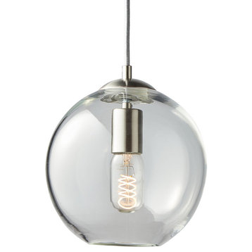 Metro Blown Glass Pendant Light Made in Rhode Island, Clear, 8 X 8, Brushed Nick