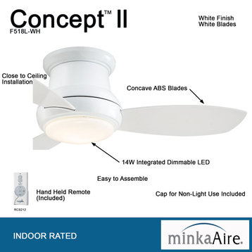 Minka Aire Concept II LED Flush Mount Ceiling Fan With Remote Control, White, 44"