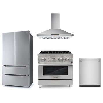 36" All Gas Range, Refrigerator, Dishwasher and Wall Mount Range Hood Package