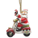 Cosmos Gifts Corp - Santa Riding Scooter Ornament - Decorate your Christmas tree with this unique ornament featuring Santa riding a scooter. Made from hand-painted ceramic, this colorful ornament is festive and fun.