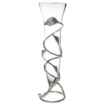 Classic Touch Glass Vase With Nickel Leaf Design - 16.5"H