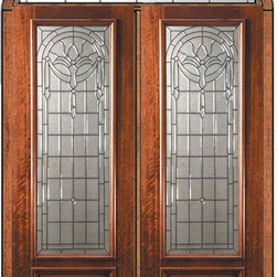 Prehung Transom Double Door 96 Mahogany Palacio 3/4 Lite Glass - Front Doors