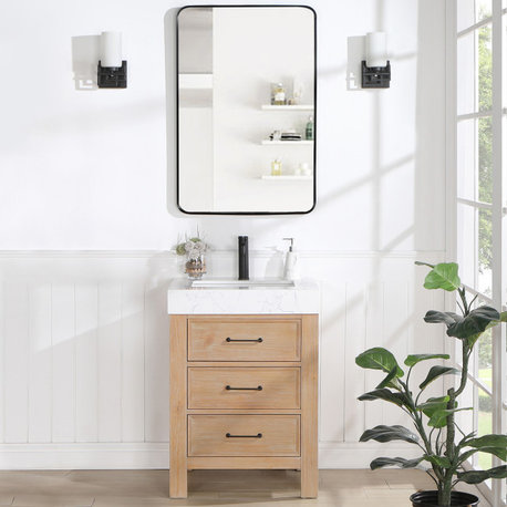 Leon Bath Vanity With Composite Stone Top, Fir Wood Brown, 24", With Mirror