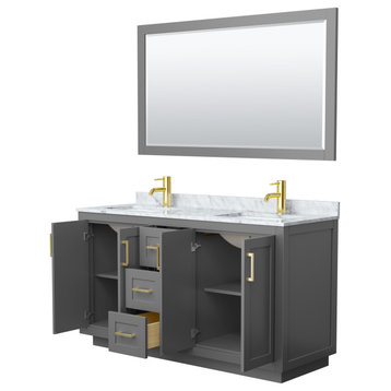 60"DBL Bathroom Vanity Dark Gray, Carrara Countertop, Sinks, Gold Trim,58"Mirror