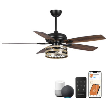 52 in. Indoor Farmhouse Black LED Smart Ceiling Fan with Light and Remote