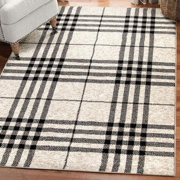 Transitional Area Rug, Polypropylene With Plaid Pattern, Black, 5' X 7'